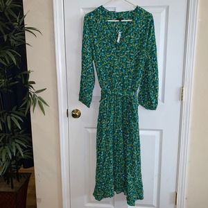 Talbots Green Floral Belted Dress w/ Pockets